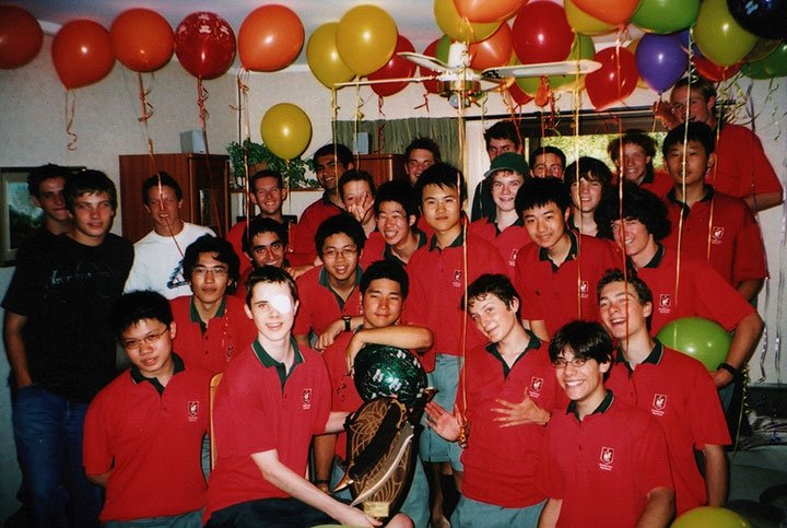 Wayne receiving a surprise birthday visit from his Westlake Boys friends, February 2005